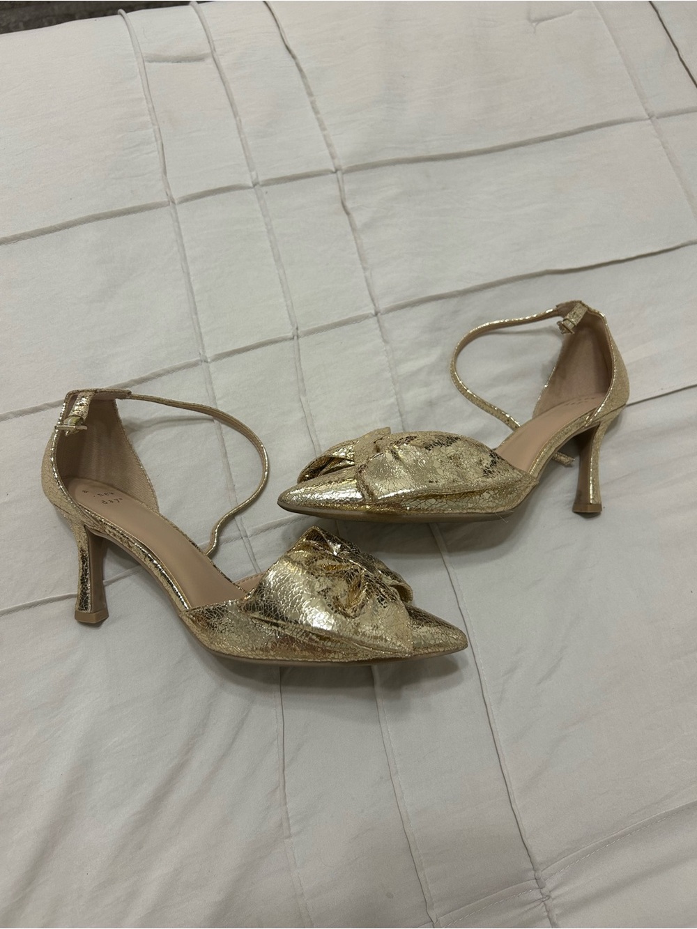 a new day - Gold Textured Metallic Pointed-Toe Ankle-Strap Heels, Size 8.5